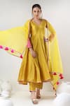 Buy_POMCHA JAIPUR_Yellow Anarkali And Pant Cotton Silk Embroidered Gota Lace V Neck Set _at_Aza_Fashions