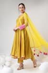 Shop_POMCHA JAIPUR_Yellow Anarkali And Pant Cotton Silk Embroidered Gota Lace V Neck Set _Online_at_Aza_Fashions