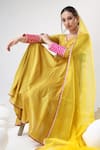 Shop_POMCHA JAIPUR_Yellow Anarkali And Pant Cotton Silk Embroidered Gota Lace V Neck Set 