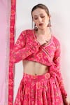 Shop_POMCHA JAIPUR_Pink Lehenga And Blouse Cotton Printed Floral V Neck Pattern Set _at_Aza_Fashions