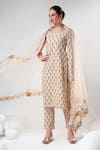 Buy_POMCHA JAIPUR_Beige Kurta And Pant Cotton Print Floral Scoop Neck Set _at_Aza_Fashions