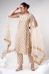 Buy_POMCHA JAIPUR_Beige Kurta And Pant Cotton Print Floral Scoop Neck Set _Online_at_Aza_Fashions