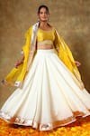 Buy_POMCHA JAIPUR_Yellow Blouse And Lehenga Cotton Silk Embellished Lace Trims Leaf Off White Set _at_Aza_Fashions