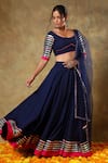 Shop_POMCHA JAIPUR_Blue Blouse And Lehenga Cotton Embellished Lace Trims Scoop Neck Set _Online_at_Aza_Fashions