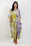 Buy_Devyani Mehrotra_Green Viscose Muslin Printed Vintage Floral Scallop V Neck Kaftan _at_Aza_Fashions