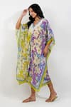 Buy_Devyani Mehrotra_Green Viscose Muslin Printed Vintage Floral Scallop V Neck Kaftan _Online_at_Aza_Fashions