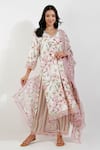 Buy_Devyani Mehrotra_Ivory Viscose Chiffon Printed Vintage Floral V Neck Kurta Set _at_Aza_Fashions