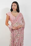 Buy_Devyani Mehrotra_Pink Viscose Chiffon Printed Floral Stripe Saree With Unstitched Blouse Piece _Online_at_Aza_Fashions