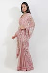 Shop_Devyani Mehrotra_Pink Viscose Chiffon Printed Floral Stripe Saree With Unstitched Blouse Piece _Online_at_Aza_Fashions