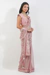 Buy_Devyani Mehrotra_Pink Viscose Chiffon Printed Floral Stripe Saree With Unstitched Blouse Piece 