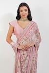 Shop_Devyani Mehrotra_Pink Viscose Chiffon Printed Floral Stripe Saree With Unstitched Blouse Piece _at_Aza_Fashions