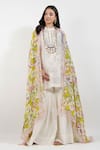 Buy_Devyani Mehrotra_Ivory Viscose Chiffon Printed Floral Mandarin Collar Shabby Kurta Gharara Set _at_Aza_Fashions