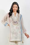 Devyani Mehrotra_Ivory Chanderi 40 Gms Printed Floral Mandarin Collar Tunic _at_Aza_Fashions