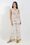 Buy_Devyani Mehrotra_Ivory Chanderi Printed Summer Floral Keyhole Kurta And Flared Pant Set _Online_at_Aza_Fashions