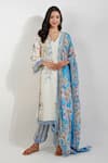 Buy_Devyani Mehrotra_Ivory Viscose Chiffon Printed Summer Floral V Neck Kurta Pant Set _at_Aza_Fashions