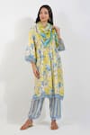 Buy_Devyani Mehrotra_Yellow Viscose Muslin Printed Floral Keyhole Flirty Pleats Tunic And Pant Set _at_Aza_Fashions