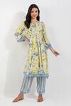 Shop_Devyani Mehrotra_Yellow Viscose Muslin Printed Floral Keyhole Flirty Pleats Tunic And Pant Set _Online_at_Aza_Fashions