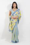 Buy_Devyani Mehrotra_Yellow Crepe Printed Vintage Floral Stripe Saree With Unstitched Blouse Piece _at_Aza_Fashions