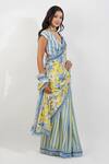 Buy_Devyani Mehrotra_Yellow Crepe Printed Vintage Floral Stripe Saree With Unstitched Blouse Piece _Online_at_Aza_Fashions