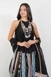 Shop_Devyani Mehrotra_Black Chanderi 40 Gms Printed Floral Stripe Halter Neck Summer Lehenga Set 