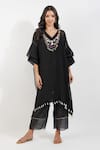 Buy_Devyani Mehrotra_Black Chanderi 40 Gms Embroidery Ecelectic V Neck Shabby Kaftan And Pant Set _at_Aza_Fashions