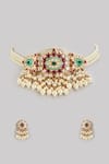 Shop_Prihan Luxury Jewelry_Gold Plated Pearls, Stones, Gota Patti Embellished Choker Necklace Set _at_Aza_Fashions