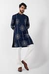 Buy_Smriti by Anju Agarwal_Blue Kurta Handloom Cotton Mulmul Hand Embroidered Beads Abyssal With Pant _at_Aza_Fashions