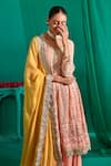 Shop_Mustard Moon by Neyha and Vrinda_Peach Georgette Embroidered Lucknowi Thread Leaf Neck Kurta Sharara Set _at_Aza_Fashions