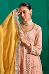 Mustard Moon by Neyha and Vrinda_Peach Georgette Embroidered Lucknowi Thread Leaf Neck Kurta Sharara Set _Online_at_Aza_Fashions