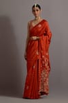 Buy_Deep Thee_Orange Silk Hand Embroidered Floral Appliques Leaf Saree With Blouse _at_Aza_Fashions