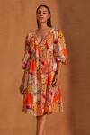 Buy NOIB Multi Color Linen, Lycra V-neck Eva Floral Vine Print Midi Dress at Aza Fashions Buy_NOIB_Multi Color Linen, Lycra V-neck Eva Floral Vine Print Midi Dress _at_Aza_Fashions