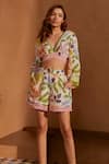 Buy NOIB Multi Color Linen, Lycra V-neck Mia Running Leaf Print Crop Top And Shorts Set at Aza Fashions Buy_NOIB_Multi Color Linen, Lycra V-neck Mia Running Leaf Print Crop Top And Shorts Set _at_Aza_Fashions