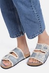 Buy_ZORI WORLD_Blue Embellished Cosmic Denim Buckle Flats _at_Aza_Fashions