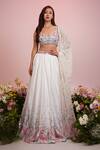 Buy_Label Priyanka Kar_White Satin Hand Embroidery Floral Plunge Leaf Print Hem Lehenga Blouse Set _at_Aza_Fashions