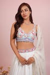 Label Priyanka Kar_White Satin Hand Embroidery Floral Plunge Leaf Print Hem Lehenga Blouse Set _Online_at_Aza_Fashions