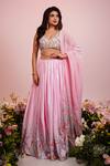 Buy_Label Priyanka Kar_Pink Viscose Satin Hand Embroidery Floral Plunge Leaf Print Hem Lehenga Set _at_Aza_Fashions