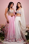 Label Priyanka Kar_Pink Viscose Satin Hand Embroidery Floral Plunge Leaf Print Hem Lehenga Set _Online_at_Aza_Fashions