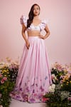 Buy_Label Priyanka Kar_Pink Viscose Satin Printed Butterfly Plunge V Neck Hem Lehenga Set _at_Aza_Fashions