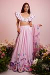 Buy_Label Priyanka Kar_Pink Viscose Satin Printed Butterfly Plunge V Neck Hem Lehenga Set _Online_at_Aza_Fashions