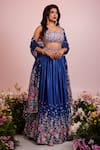 Buy_Label Priyanka Kar_Blue Viscose Satin Hand Embroidery Botanic Plunge Print Lehenga Blouse Set _at_Aza_Fashions