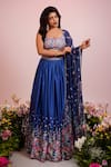 Label Priyanka Kar_Blue Viscose Satin Hand Embroidery Botanic Plunge Print Lehenga Blouse Set _Online_at_Aza_Fashions