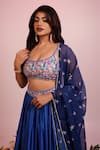 Buy_Label Priyanka Kar_Blue Viscose Satin Hand Embroidery Botanic Plunge Print Lehenga Blouse Set _Online_at_Aza_Fashions