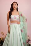 Label Priyanka Kar_Green Viscose Satin Hand Embroidery Floral Straight Waistband Lehenga Set _Online_at_Aza_Fashions