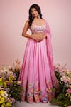 Buy_Label Priyanka Kar_Pink Viscose Satin Hand Embroidery Floral Plunge Waistband Lehenga Blouse Set _at_Aza_Fashions