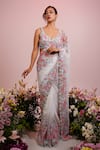 Buy_Label Priyanka Kar_White Georgette Hand Embroidery Floral Plunge Neck Pre-draped Saree With Blouse _at_Aza_Fashions