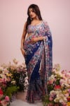 Buy_Label Priyanka Kar_Blue Georgette Hand Embroidery Floral Plunge Neck Pre-draped Saree With Blouse _at_Aza_Fashions