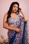 Label Priyanka Kar_Blue Georgette Hand Embroidery Floral Plunge Neck Pre-draped Saree With Blouse _Online_at_Aza_Fashions