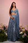 Buy_Label Priyanka Kar_Blue Net Hand Embroidery Floral Plunge Neck Sequin Lehenga Set _at_Aza_Fashions