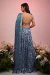 Shop_Label Priyanka Kar_Blue Net Hand Embroidery Floral Plunge Neck Sequin Lehenga Set _at_Aza_Fashions