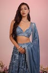 Buy_Label Priyanka Kar_Blue Net Hand Embroidery Floral Plunge Neck Sequin Lehenga Set _Online_at_Aza_Fashions